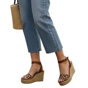 Nine West Haircalf Cheeta Print Platform Wedge Espadrilles Sandals Ankle Strap 9